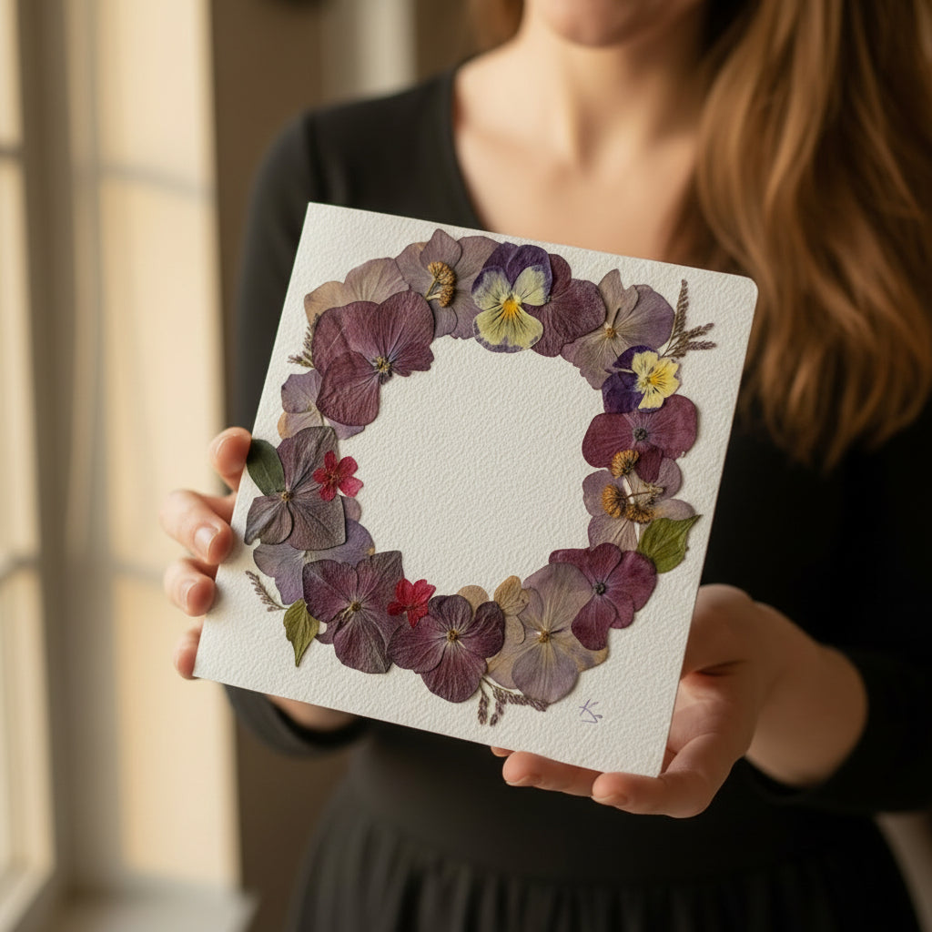 Womans' hands holding a card featuring a circle of purple Hydrangea's