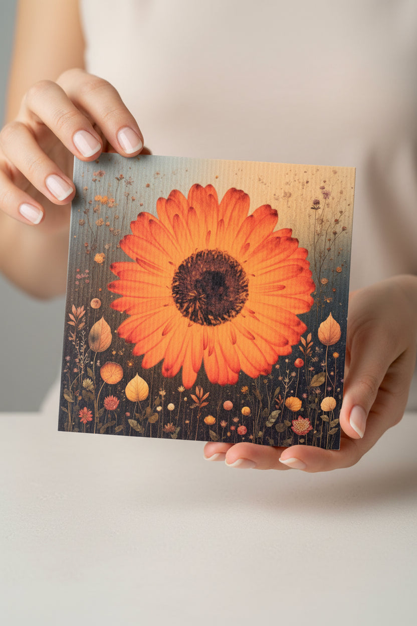 Person holding a card with an orange Gerbera design surrounded by small flowers with similar colours