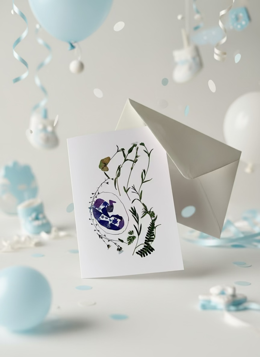 Card with a design of baby in womb.