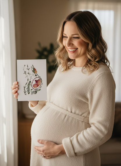 A pregnant woman holds a card with pressed flowers and leaves.