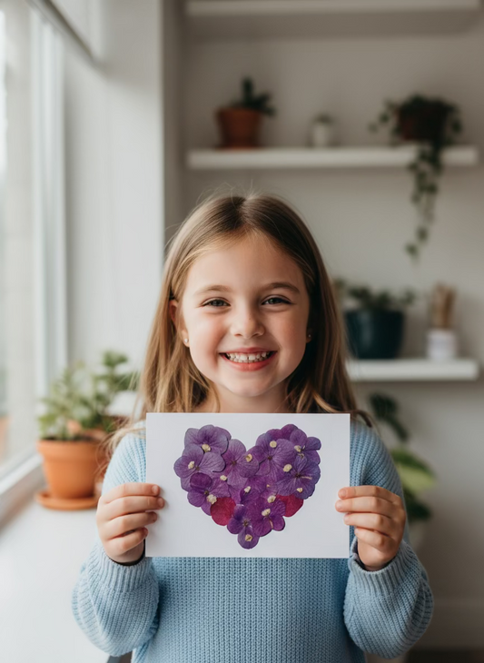 Card with a heart made of pressed purple Hydrangea on a white background