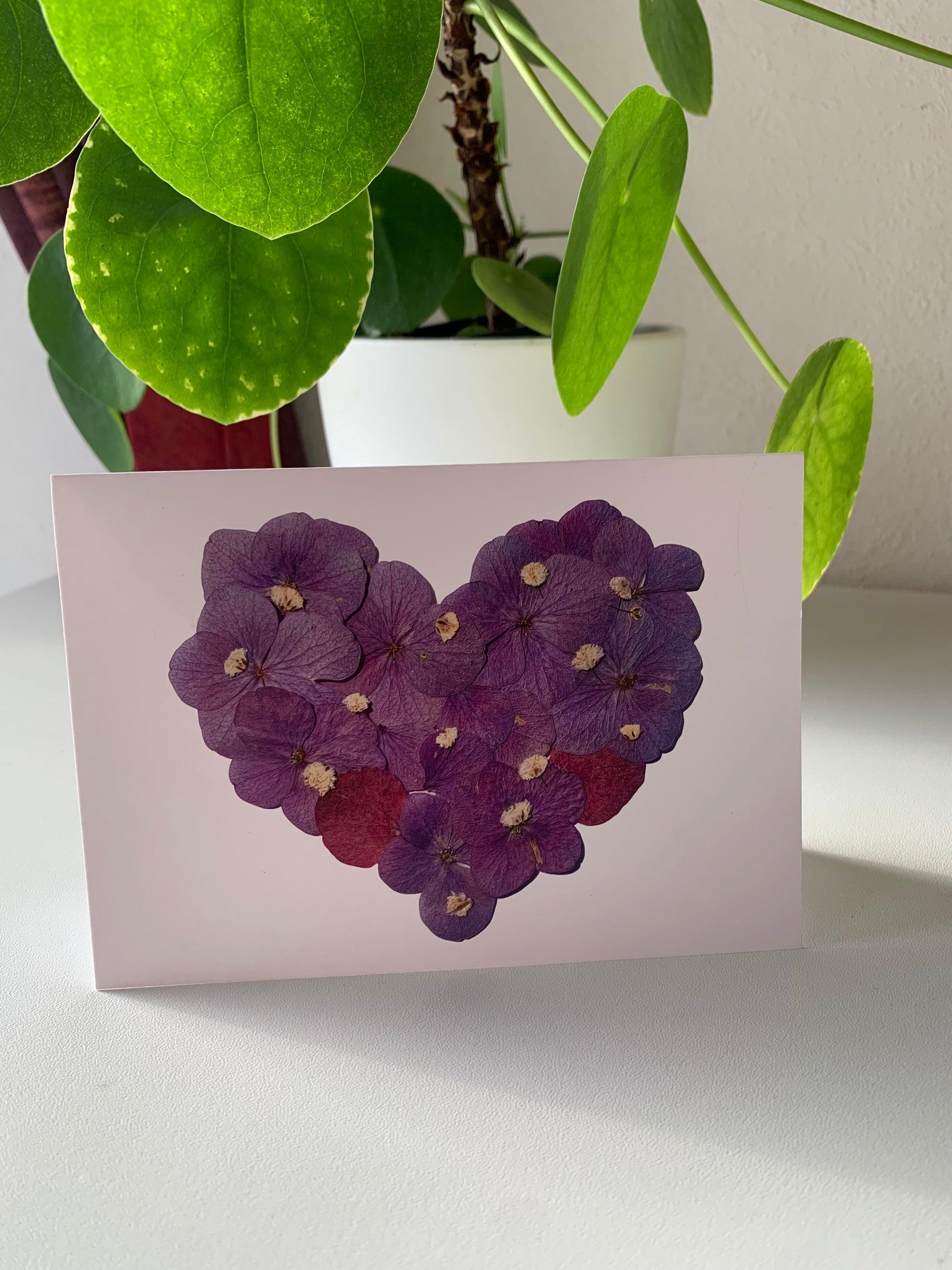 Card with a heart-shaped arrangement of purple Hydrangea's with a green plant as background.