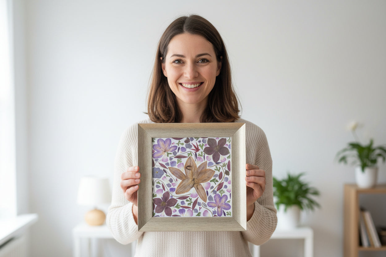 Woman holding a framed floral artwork (contains pressed Amaryllis, purple Cosmos, Ranonkel, leaves) in a room.