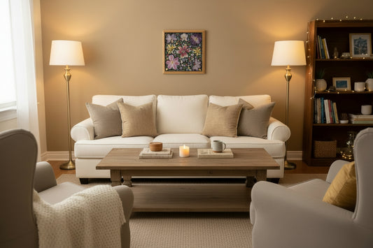 A framed floral artwork in a cozy living room.
