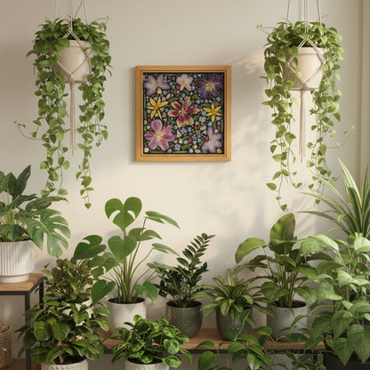 Framed artwork of colorful flowers is an eye-catcher in a lush room.