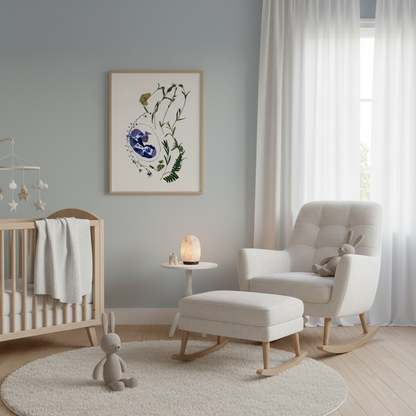 A poster of a baby boy in womb, hangs in a cozy baby room.