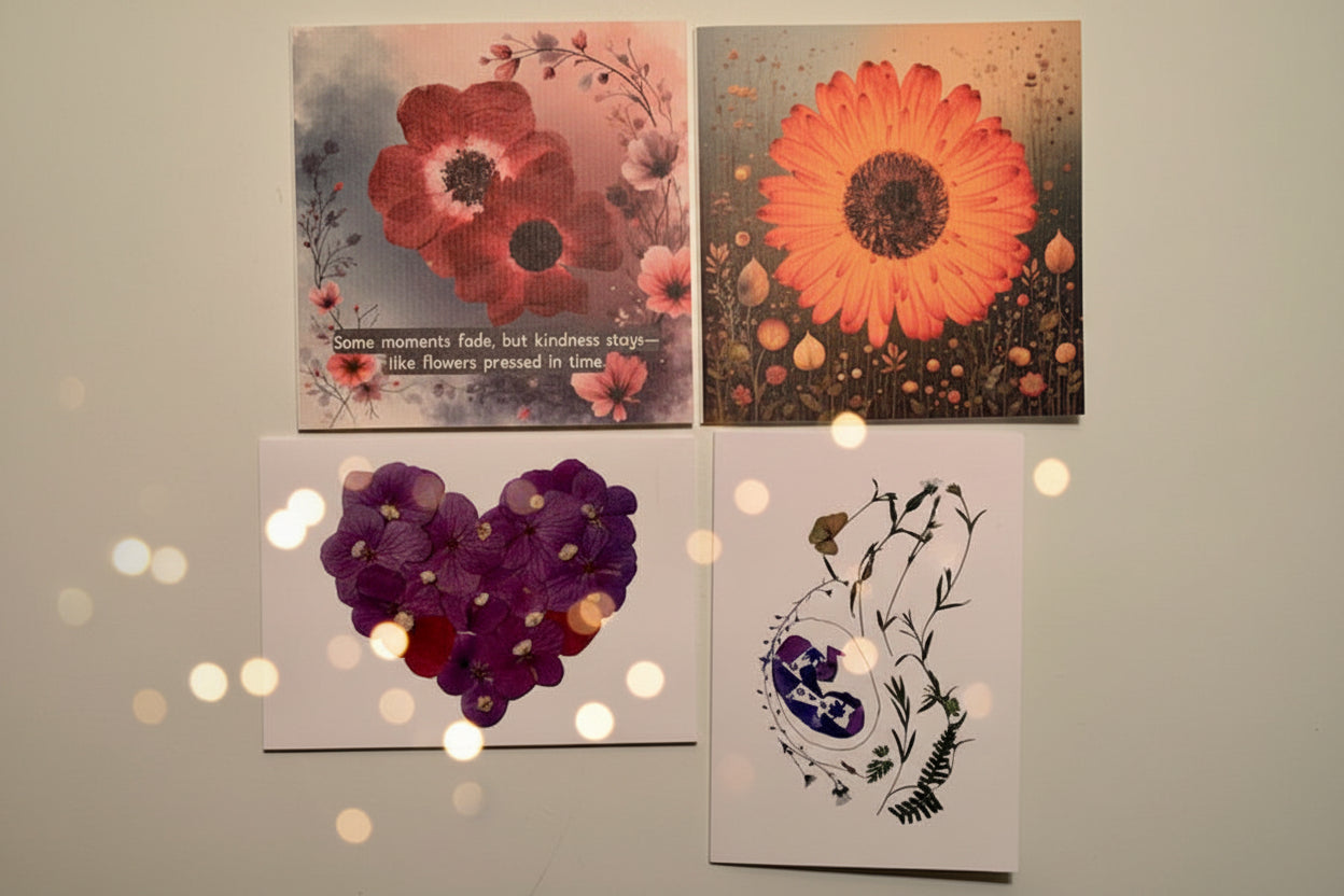 Four nice and colourful printed pressed flowers cards on a plain background.
