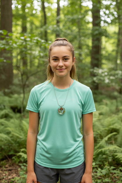 A sportive young girl wearing a necklace with a pendant featuring a mushroom and fern design in a forest.