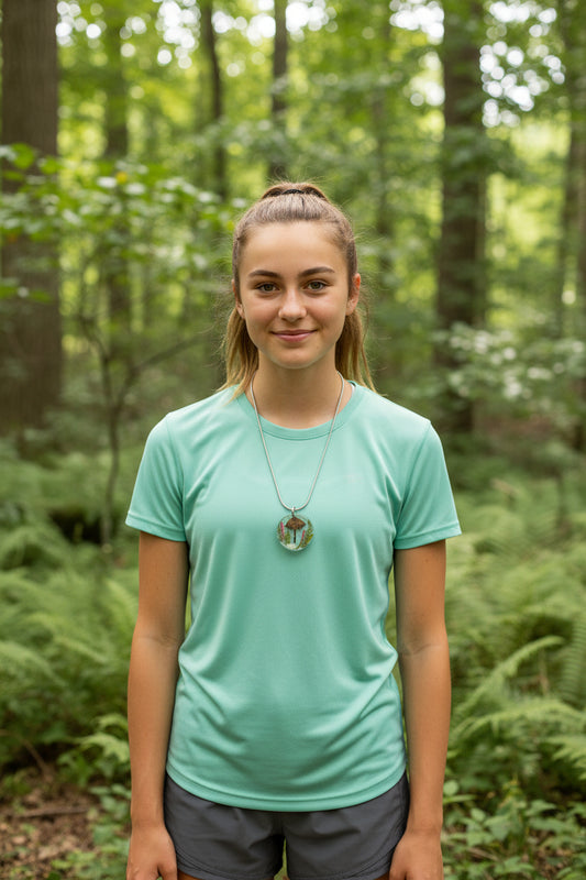 A sportive young girl wearing a necklace with a pendant featuring a mushroom and fern design in a forest.