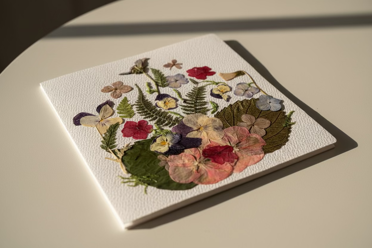 Pressed flowers card contains Red Verbena, Blue Hydrangea, Blue Pansies, Ferns, Pink Geranium.