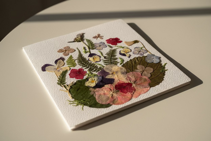 Pressed flowers card contains Red Verbena, Blue Hydrangea, Blue Pansies, Ferns, Pink Geranium.